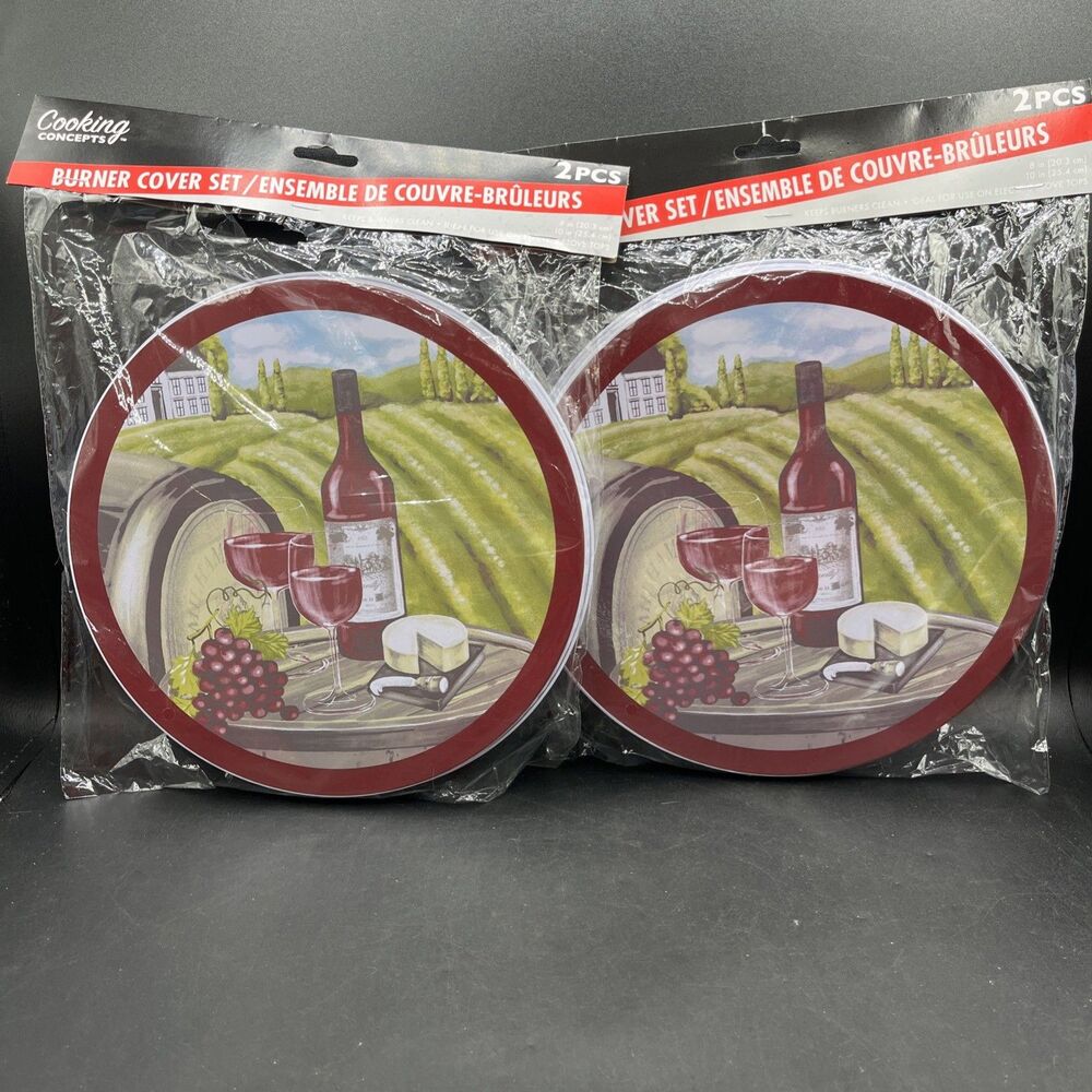 Burner Covers Metal Stove Set Wine Glass Bottles Grapes Size 2/10" & 2/8"  4 Pac